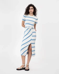 Short Sleeve Striped Cody Dress in Cream & Blue Bird Wide Stripe