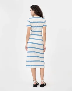 Short Sleeve Striped Cody Dress in Cream & Blue Bird Wide Stripe