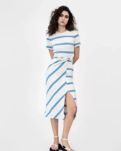 Short Sleeve Striped Cody Dress in Cream & Blue Bird Wide Stripe