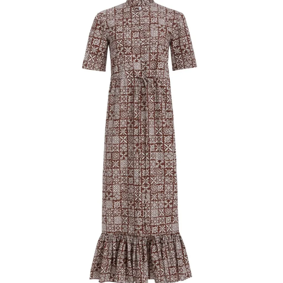 Short-Sleeve Shirt Dress in Brown with White Checkerboard