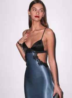 Silk & Lace Cutout Slip in Blue Haze