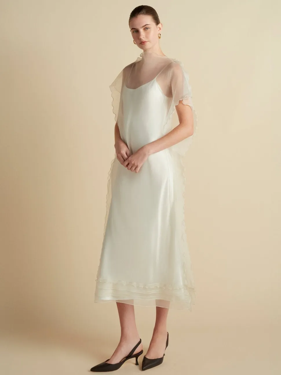 Silk Organza Sack Dress with Scalloped Edge in Ivory