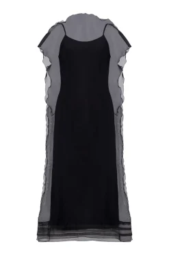 Silk Organza Sack Dress with Scalloped Edge in Black