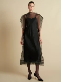Silk Organza Sack Dress with Scalloped Edge in Black