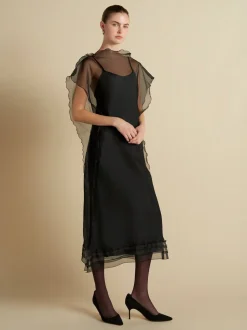 Silk Organza Sack Dress with Scalloped Edge in Black