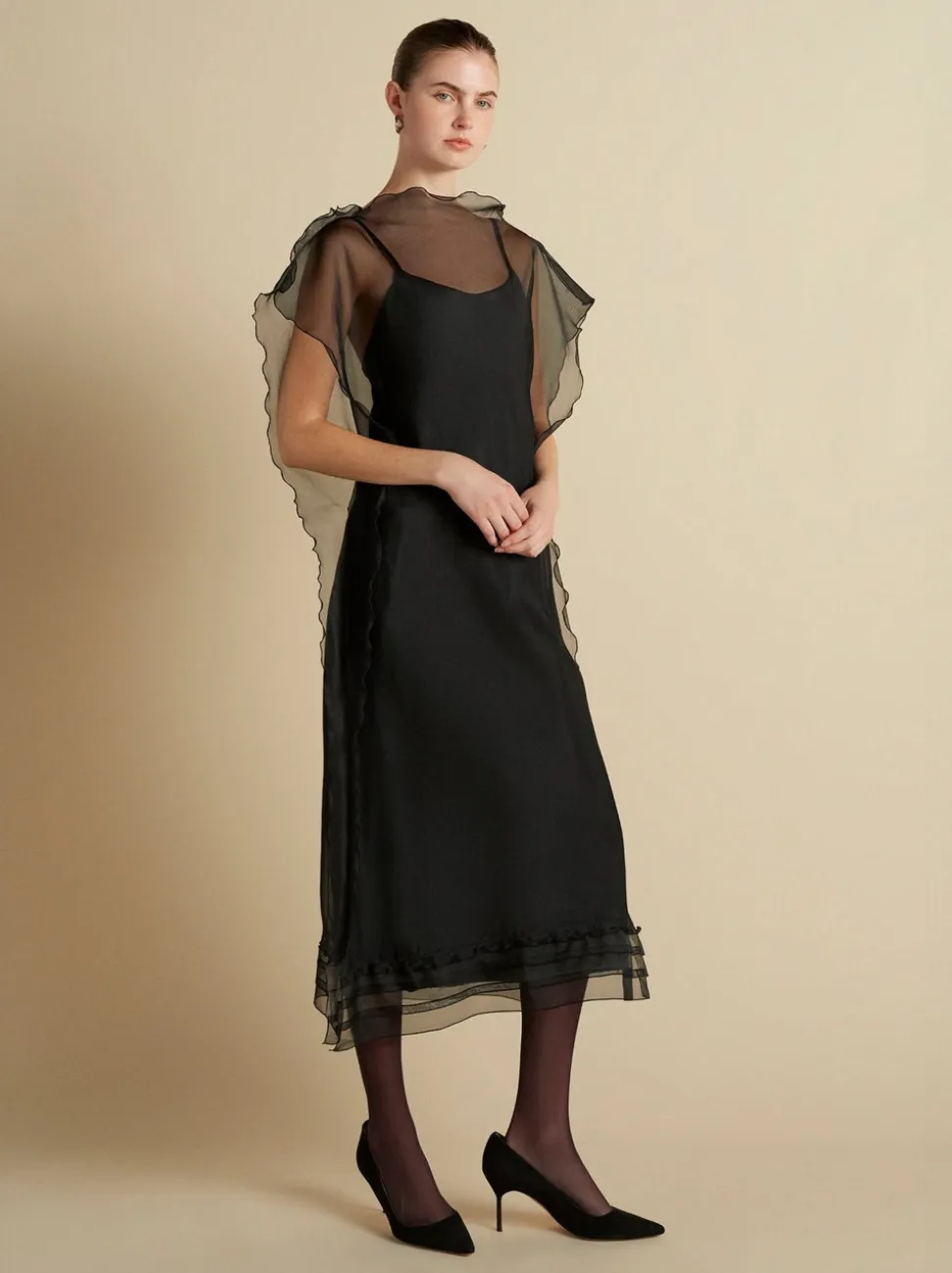 Silk Organza Sack Dress with Scalloped Edge in Black