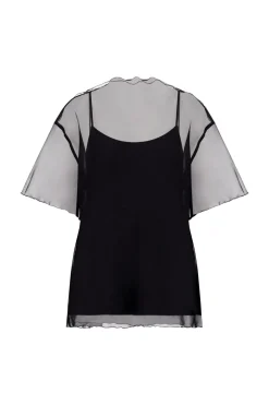Silk Organza T-Shirt with Scalloped Edge in Black