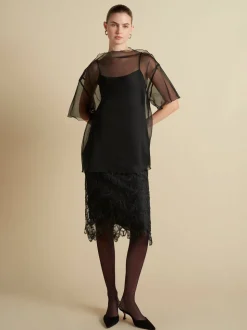 Silk Organza T-Shirt with Scalloped Edge in Black
