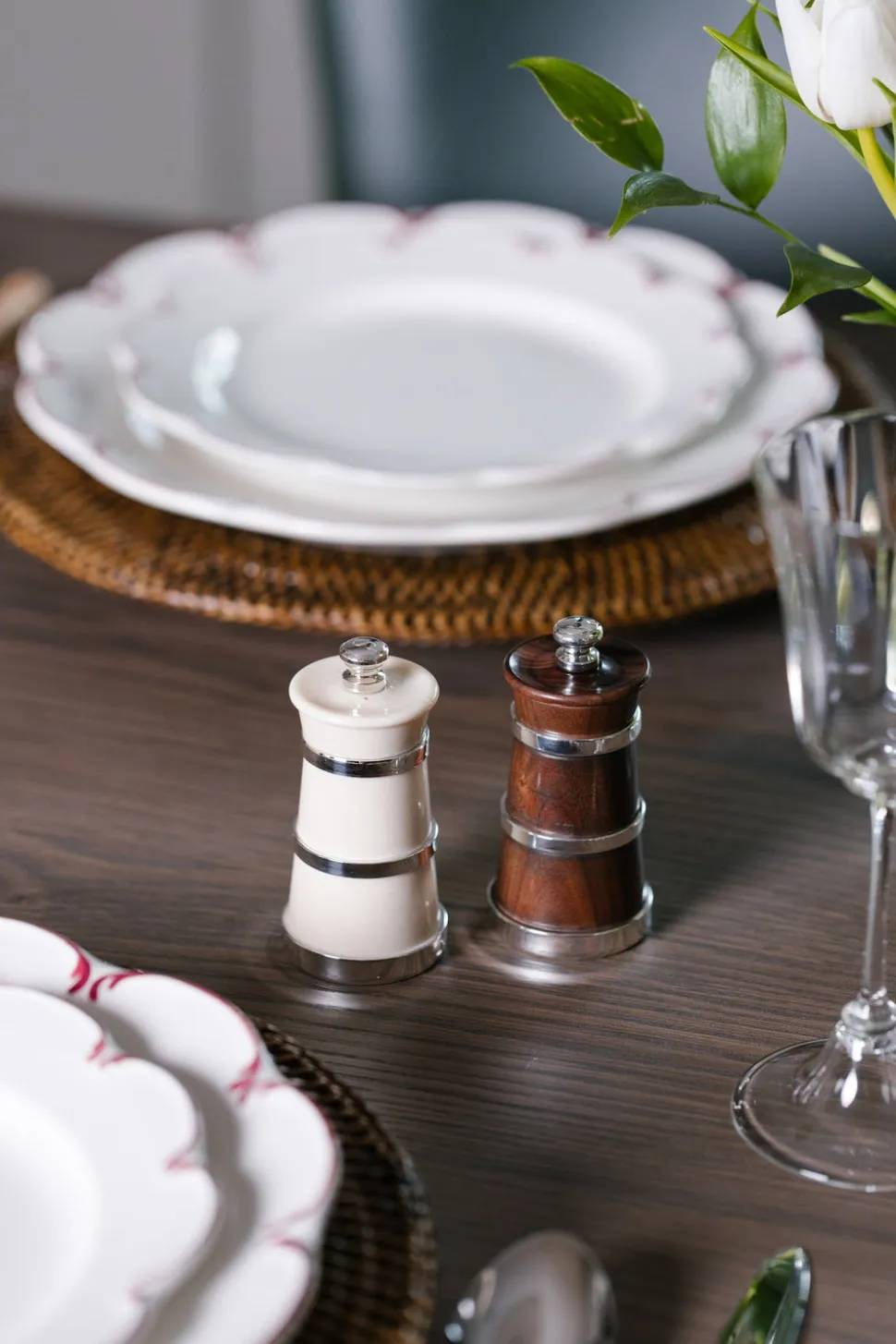 Silver Ivorine Salt & Rosewood Pepper Mill Set