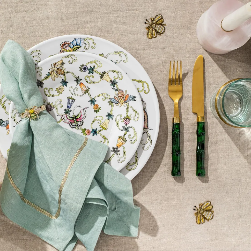 Skinny Stripey Bee Napkin Rings in Green, Set of Four