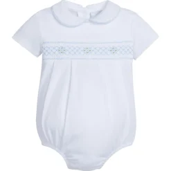 Smocked Peter Pan Bubble in Blue Geo