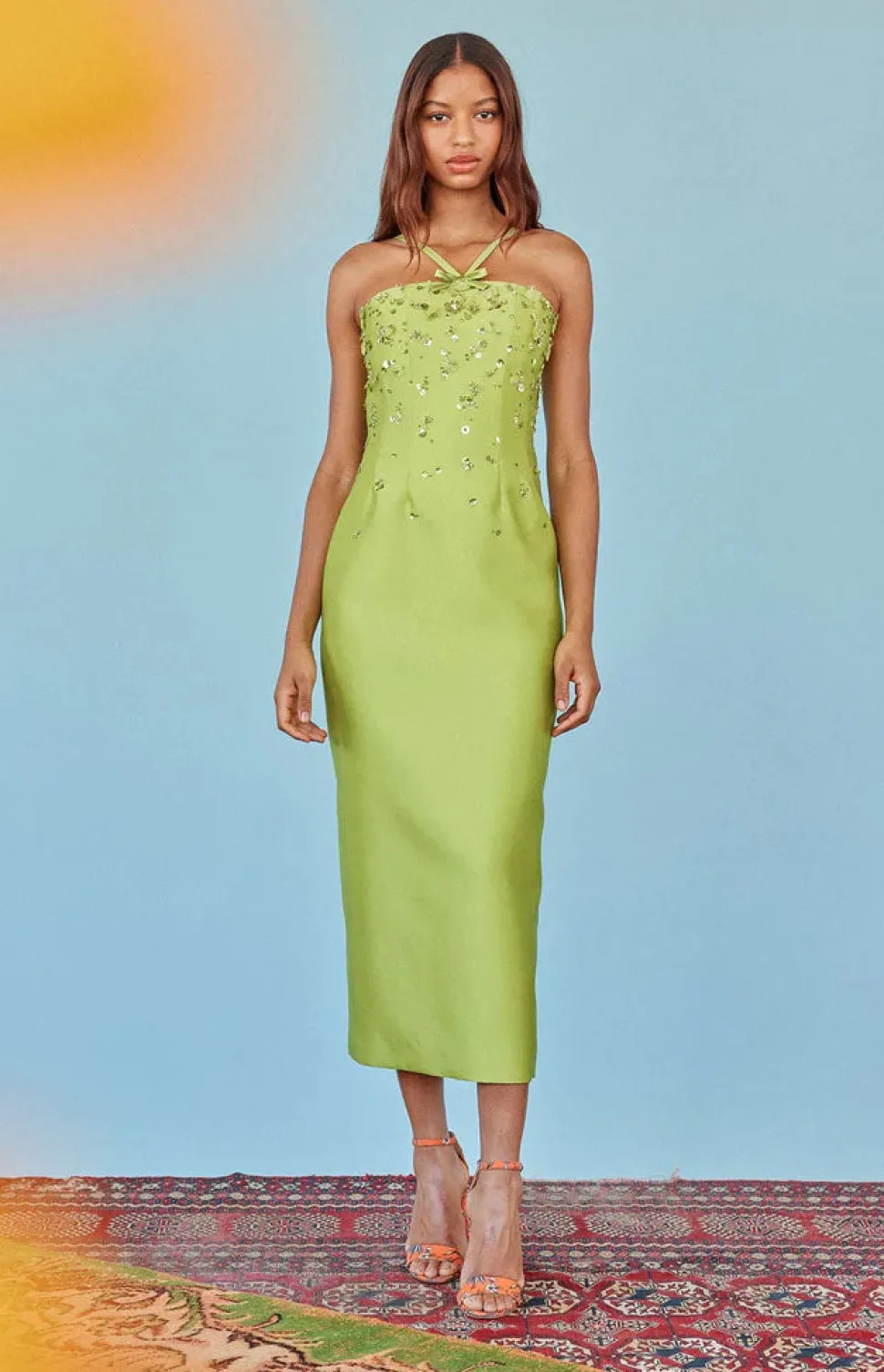 Sofia Dress in Lime Silk Wool with Sporadic Sequins