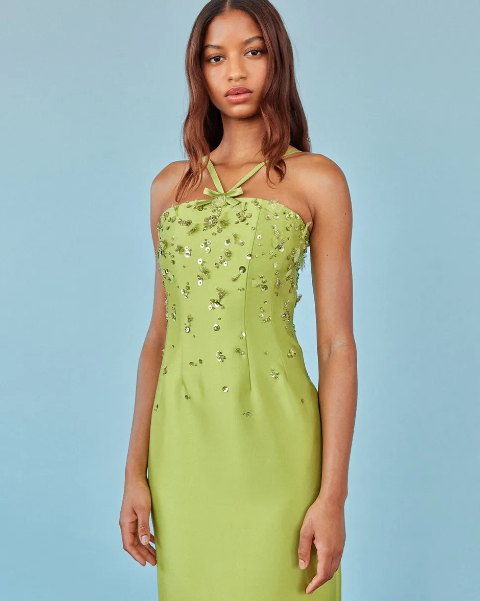 Sofia Dress in Lime Silk Wool with Sporadic Sequins