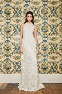 Sophia White Lace Halter Gown