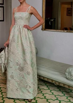 Spaghetti Strap Dress in Mint & Cream Italian Brocade