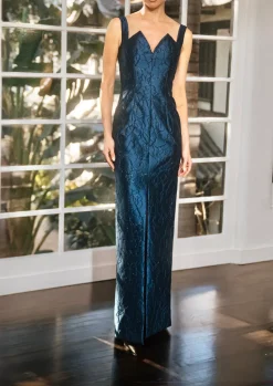 Split V Bodice Column Gown In Sapphire And Black French Brocade