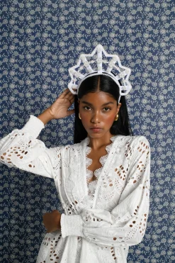 Star Shaped Pearl Headpiece in White Velvet