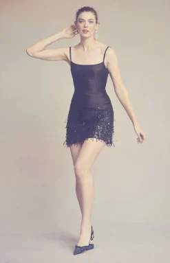 Stella Dress in Black Silk Wool with Tonal Fringe