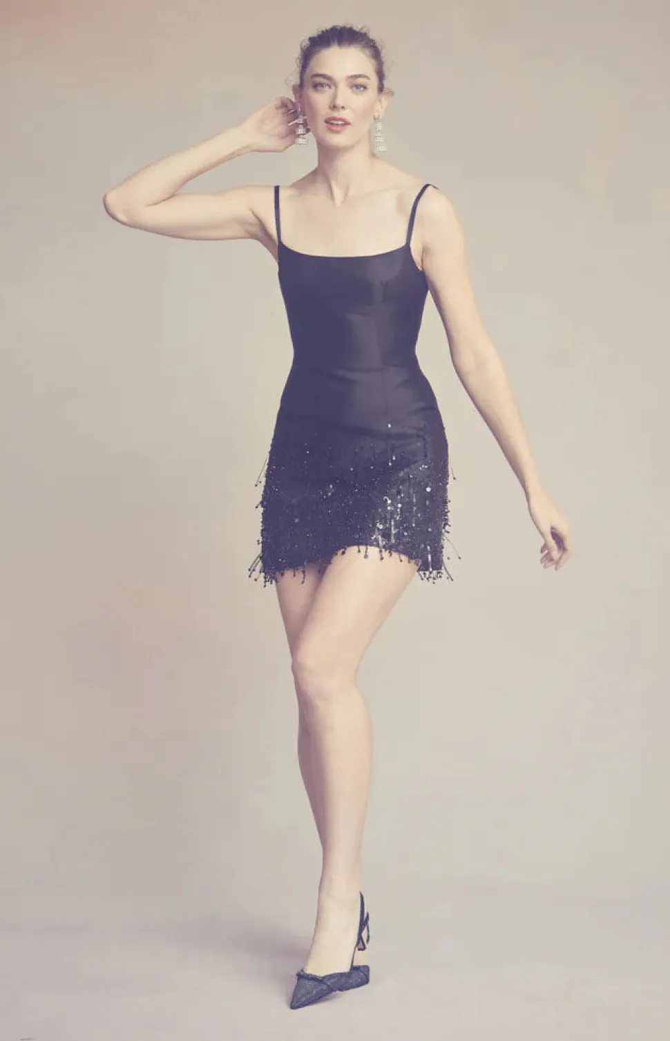 Stella Dress in Black Silk Wool with Tonal Fringe
