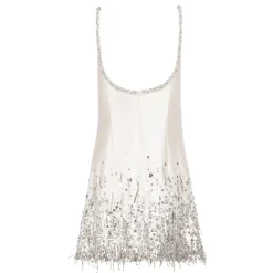 Stella Dress in Ivory Silk Wool with Silver Fringe