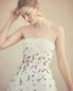 Strapless Ellia Dress in White Organza with Meadow Embellishment