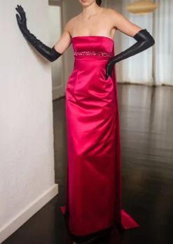 Strapless Panel Back Empire Gown In Fuschia Pink Duchesse Satin With Jeweled Waist