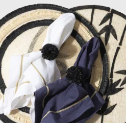 Straw Pompom Napkin Rings in Black, Set of Four