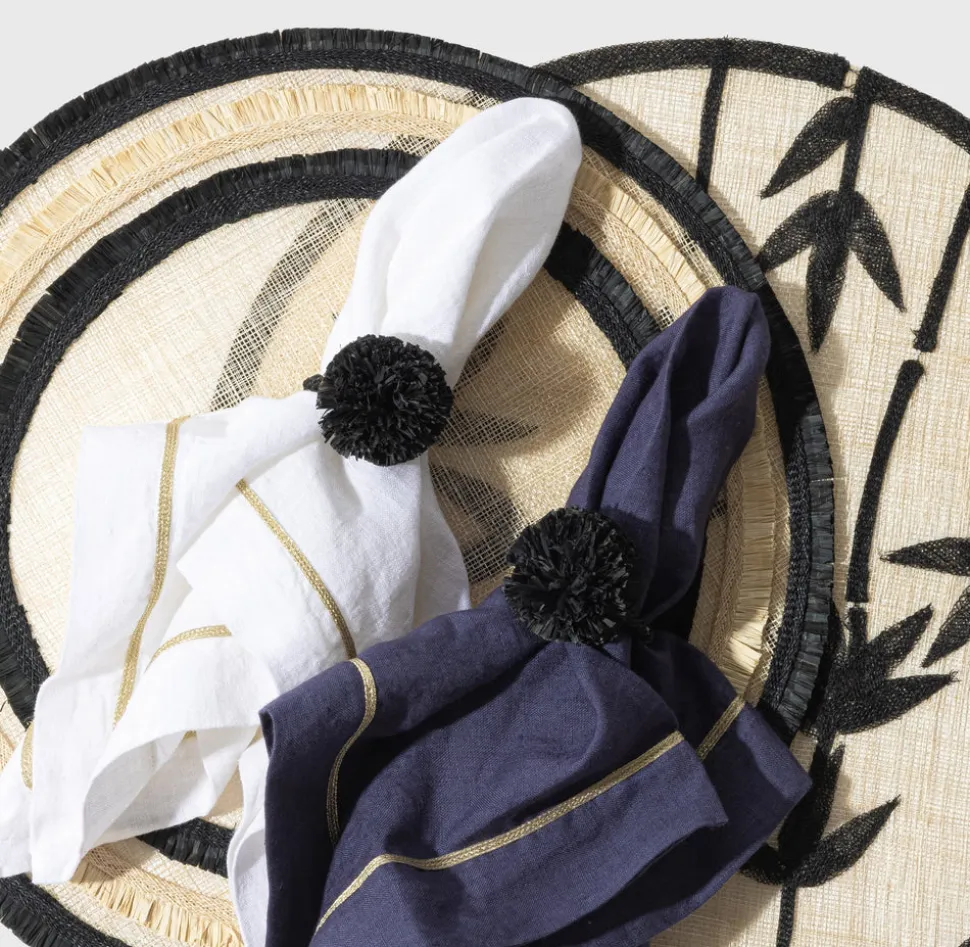 Straw Pompom Napkin Rings in Black, Set of Four