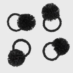 Straw Pompom Napkin Rings in Black, Set of Four
