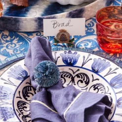 Straw Pompom Napkin Rings in Indigo, Set of Four