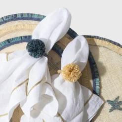 Straw Pompom Napkin Rings in Indigo, Set of Four