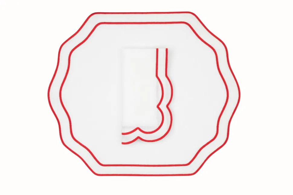 Stucco Linen Napkin and Placemat in White with Red Trim, Set of 2