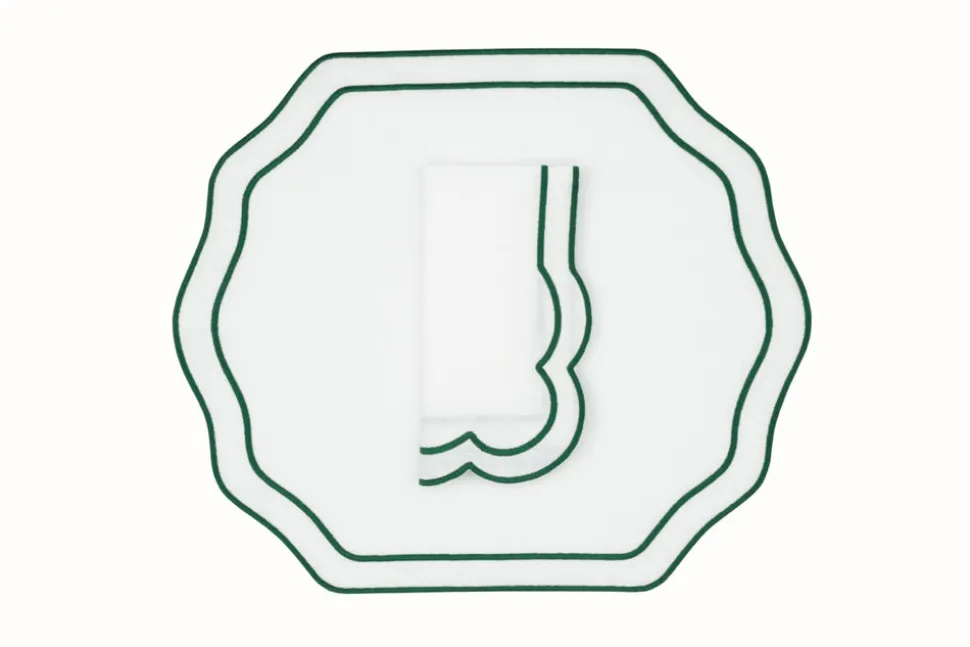 Stucco Linen Napkin and Placemat in White with Green Trim, Set of 2