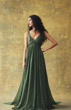 Sunny Gown in Pine Georgette with Scallop Floral Embellishment