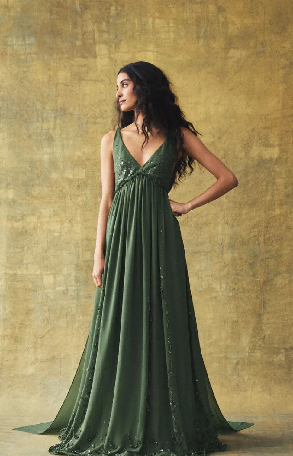 Sunny Gown in Pine Georgette with Scallop Floral Embellishment