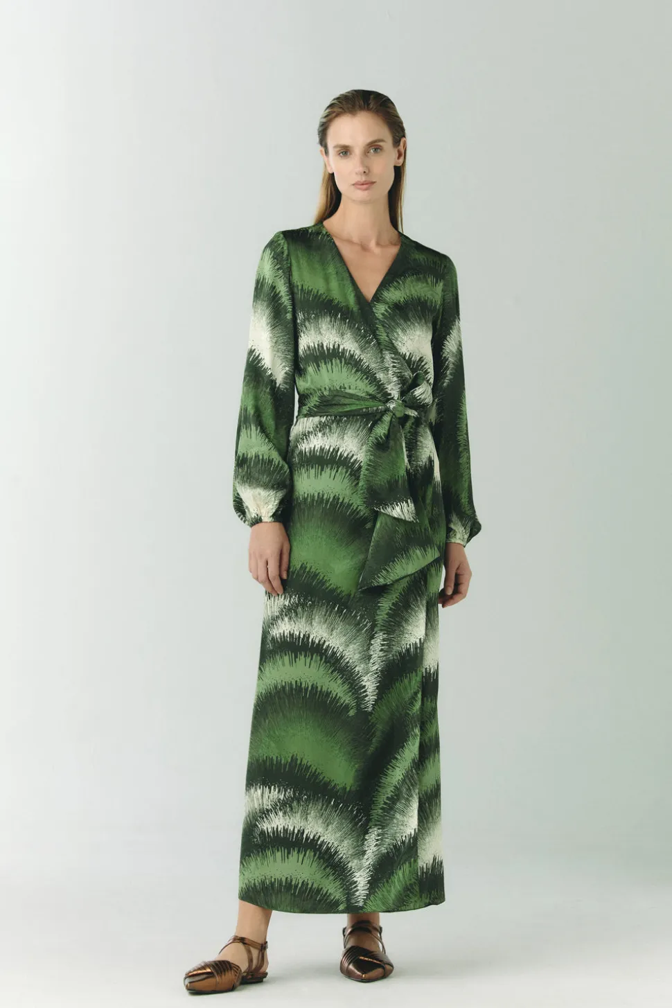 Tertulia Silk Jacquard Maxi Dress in Green Brushed