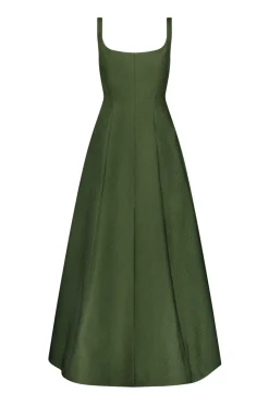 Textured Satin Seam Detail Scoop Neck Midi Dress in Forest