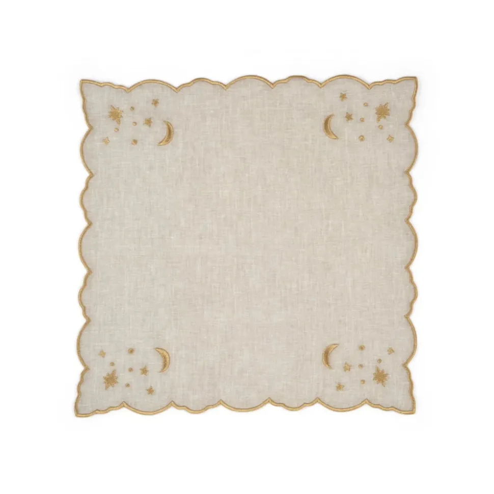The Astral Linen Napkin in Natural Linen and Gold Embroidery