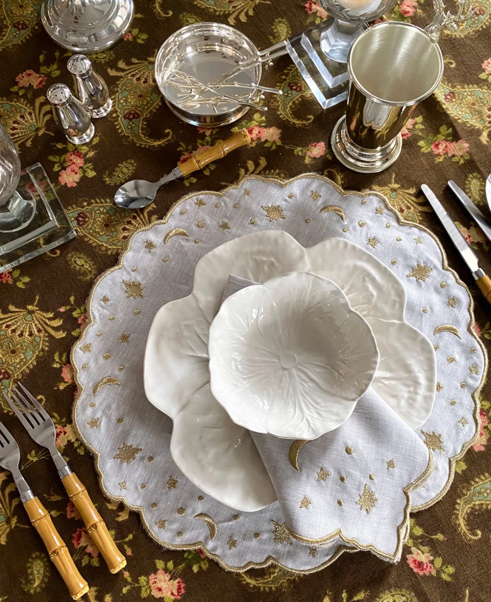The Astral Linen Placemat in White Linen and Gold Embroidery