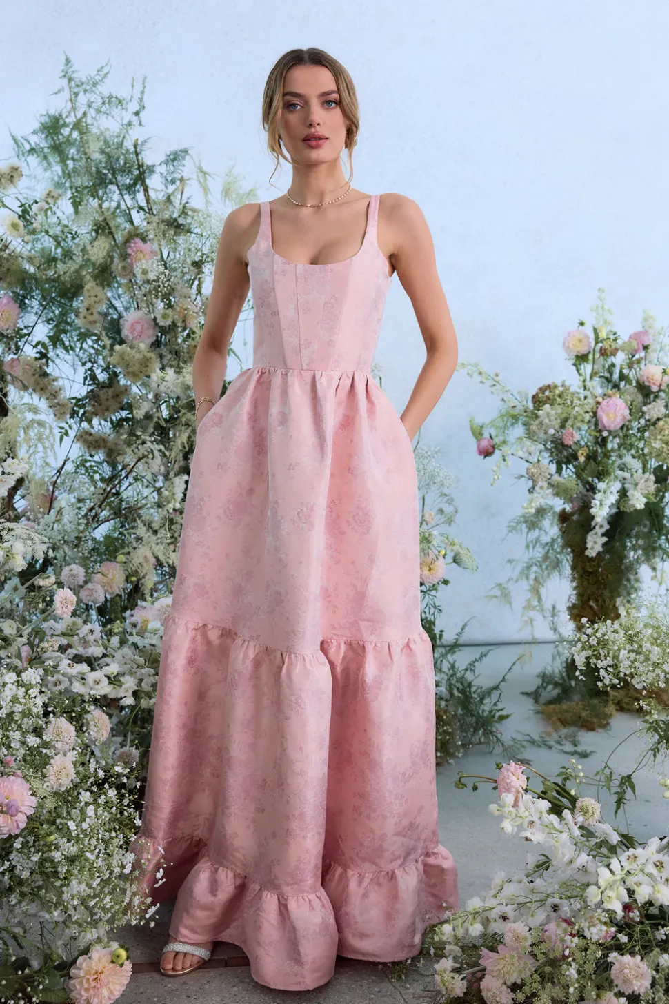 The Avery Dress in Light Pink Windsor Brocade