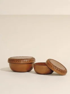 The Box in Cognac Leather Lace Trim, Set of 2
