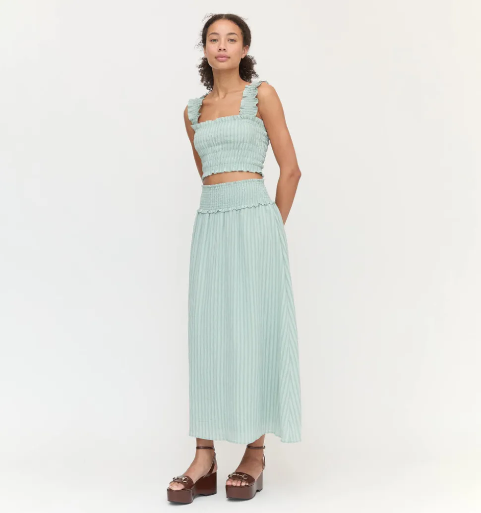 The Delphine Nap Skirt in Soft Green Tonal Seersucker