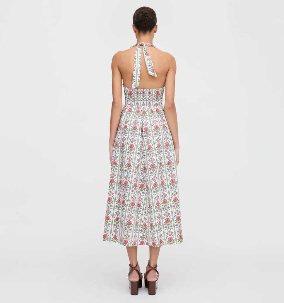 The Fleur Midi Dress in Green Floral Block Stripe