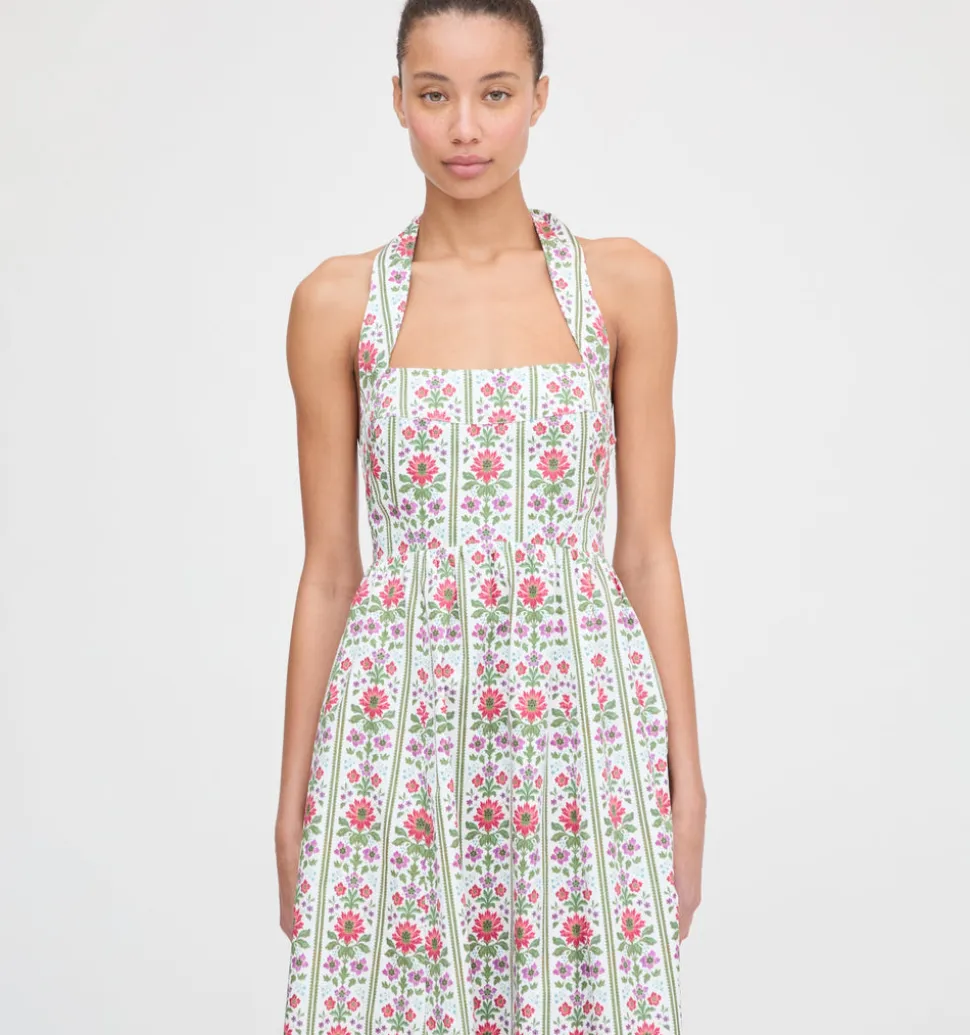 The Fleur Midi Dress in Green Floral Block Stripe