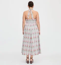 The Fleur Midi Dress in Green Floral Block Stripe
