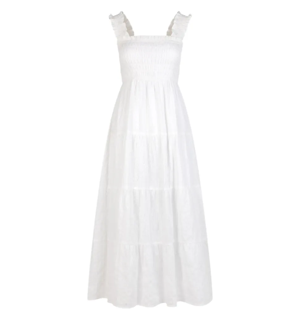 The Kimmy Nap Dress in White Linear Swiss Dot