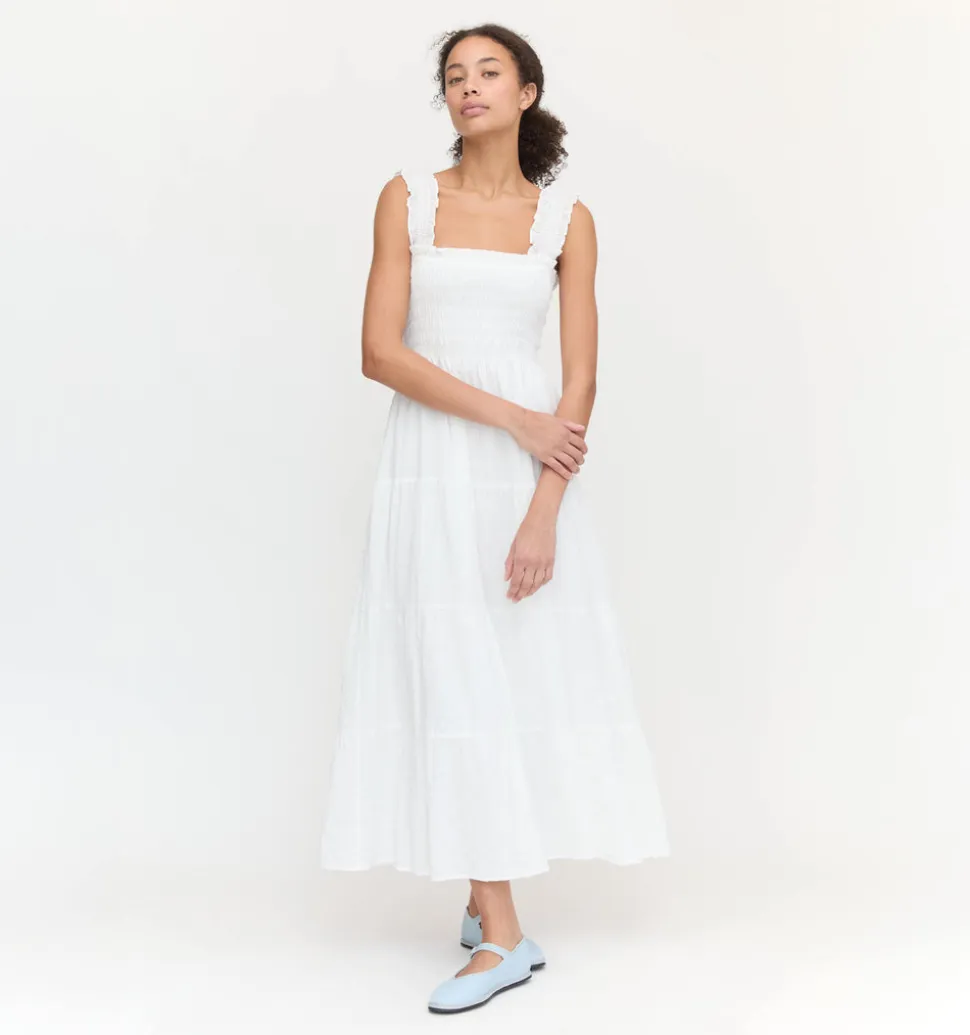 The Kimmy Nap Dress in White Linear Swiss Dot