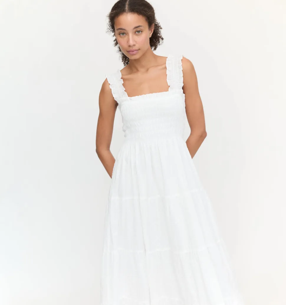 The Kimmy Nap Dress in White Linear Swiss Dot