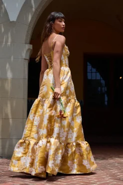 The Lucetta Dress in Gold Baroque Floral