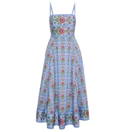 The Margot Dress in Blue Floral Block Stripe